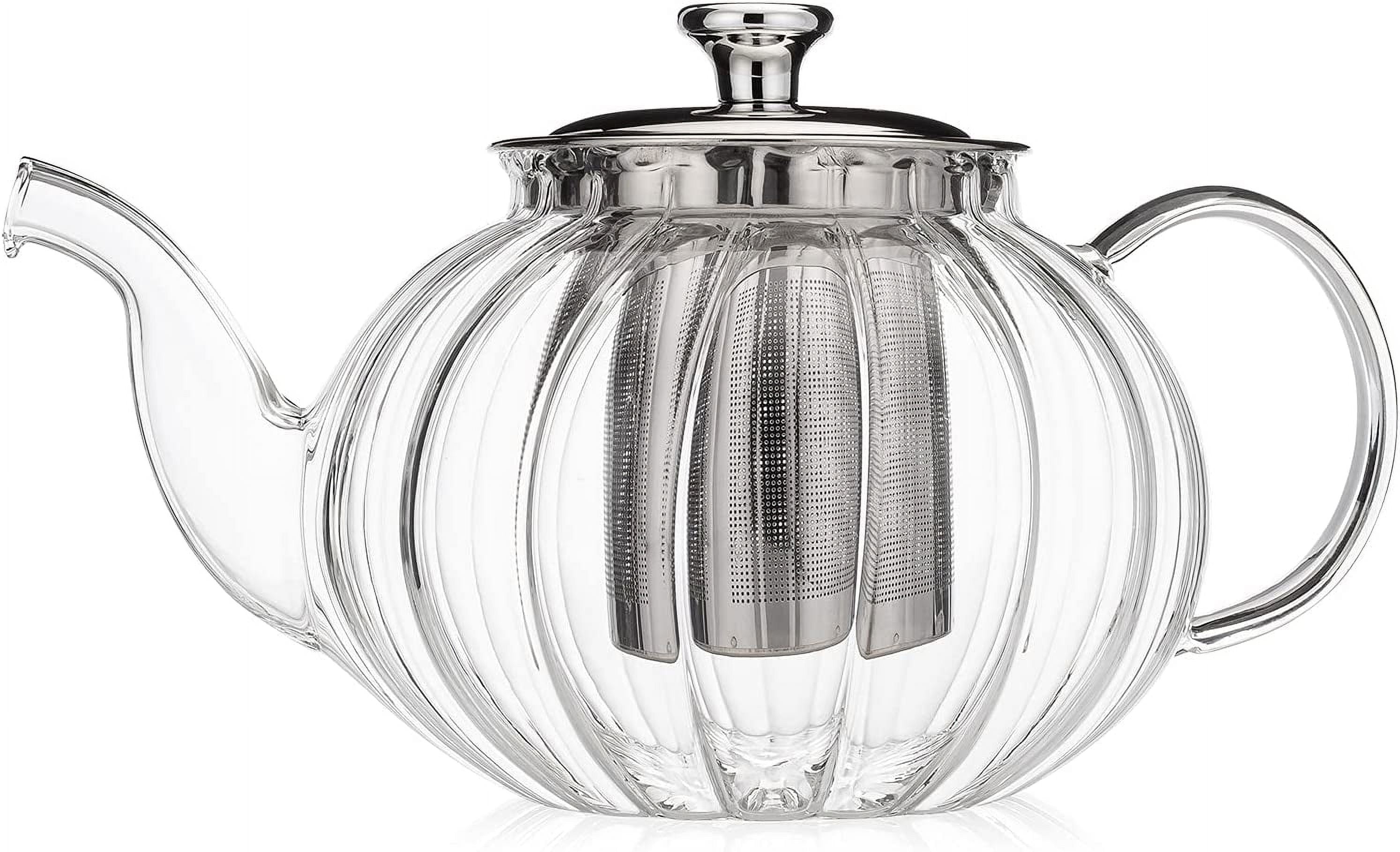Teabloom Prague Glass Tea Maker & Warmer Set Large Capacity (45 oz) Heatproof Borosilicate Glass Teapot with Removable Stainless Steel Loose Tea