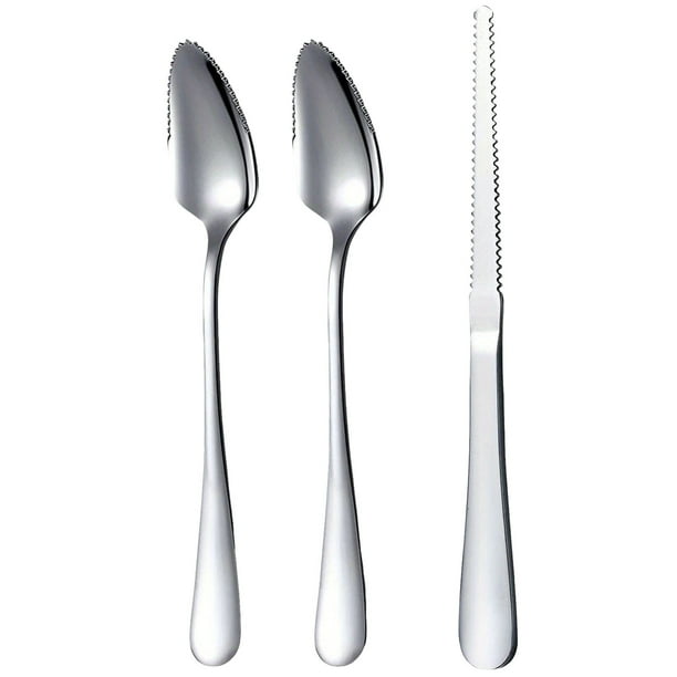 Juego de Cucharas y Cuchillos Dentados de Acero Inoxidable, Diseño Curvo, Fácil de Cortar,Cuchara, Apto para Lavavajillas, para Servir Melón,Lima,Pitaya, Frutas
