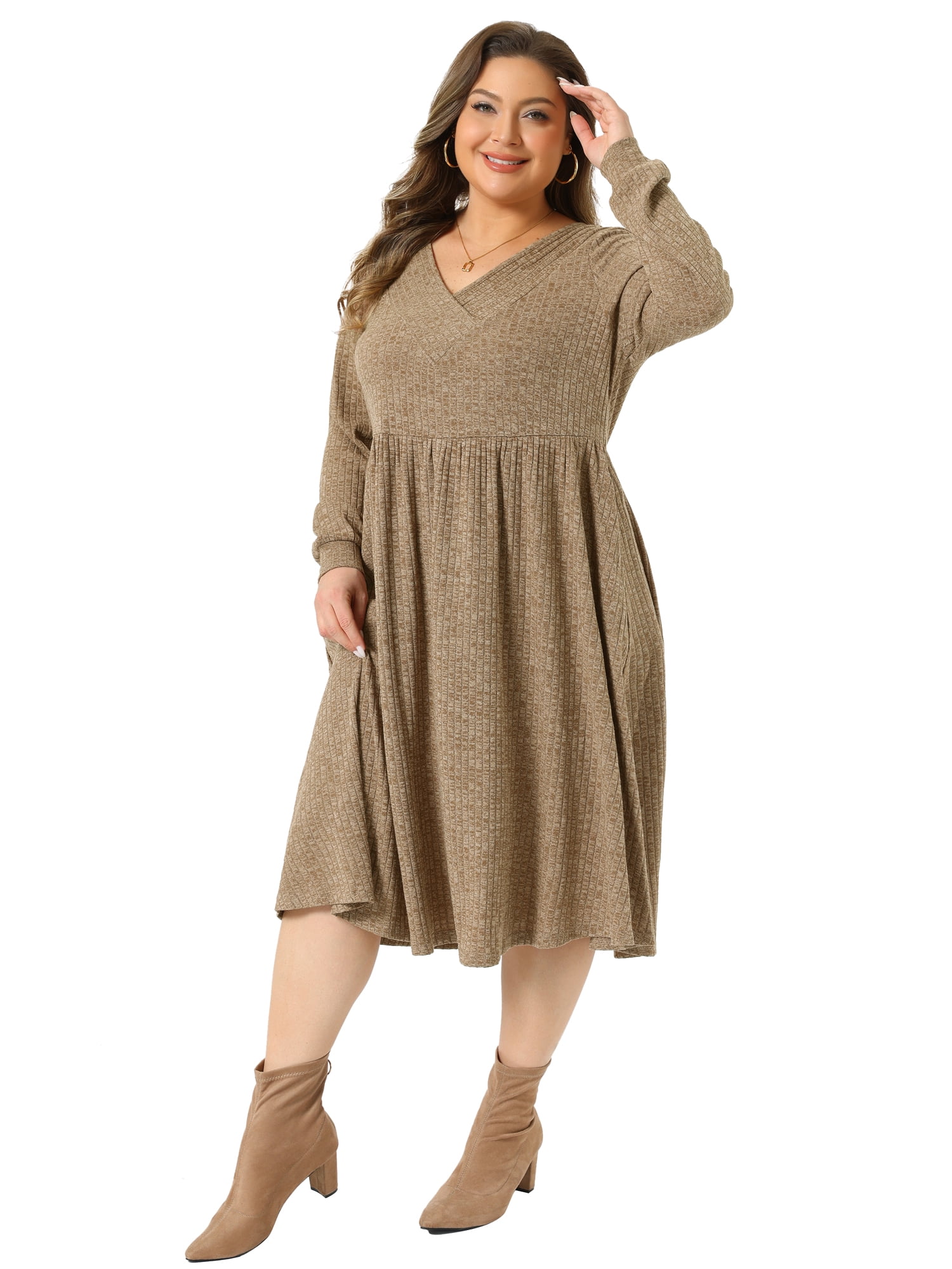 DARING DIVA Women's Plus Size V Neck Long Sleeve Ribbed Knit A Line Dress 3X Brown