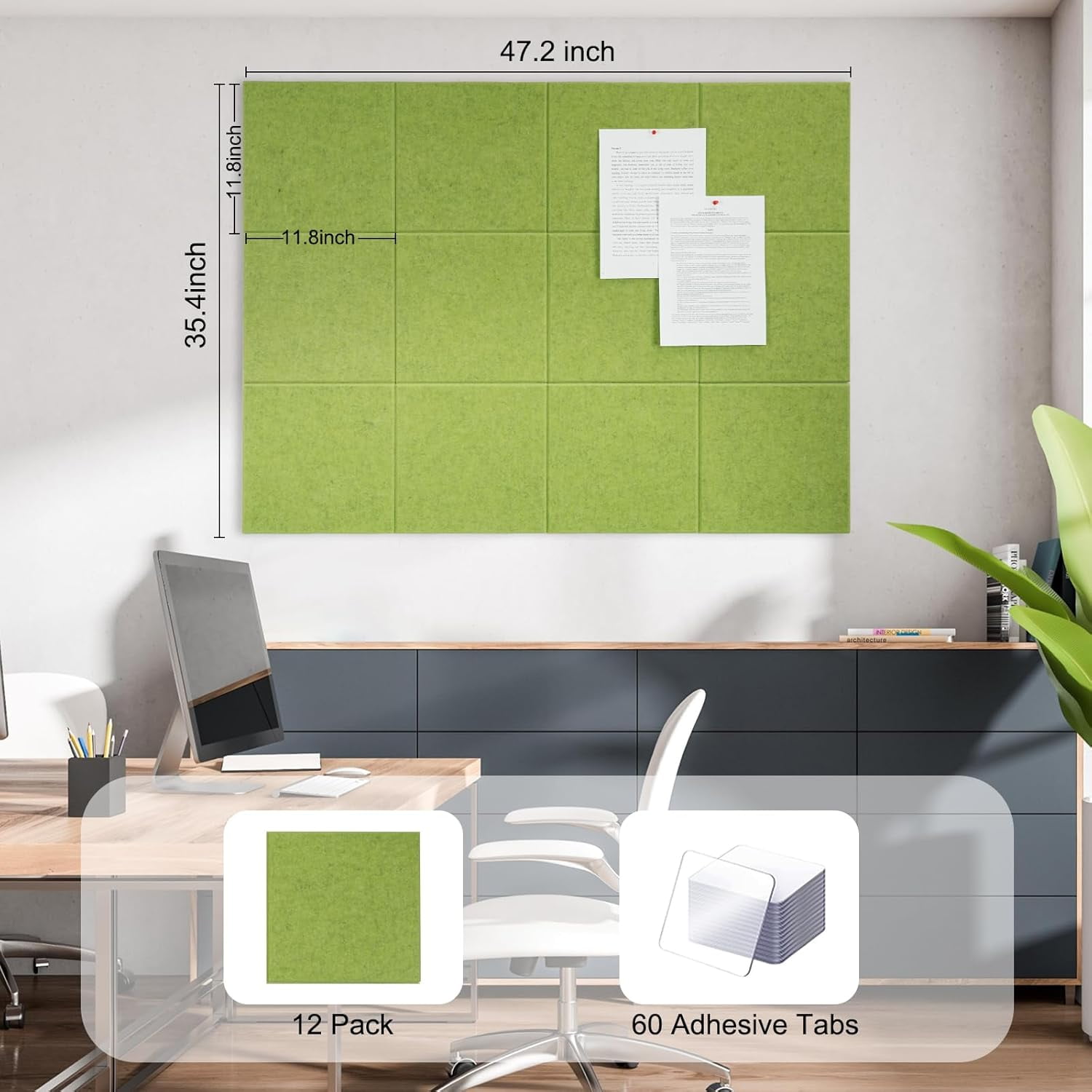 Large Cork Board for Office Wall Decor,48"x36"-12 Pack Felt Wall Tiles with Safe Removable Adhesive Tabs, Thicker 0.47in, Felt Bulletin Board Pin Board Cork Boards for Walls - Dark Blue