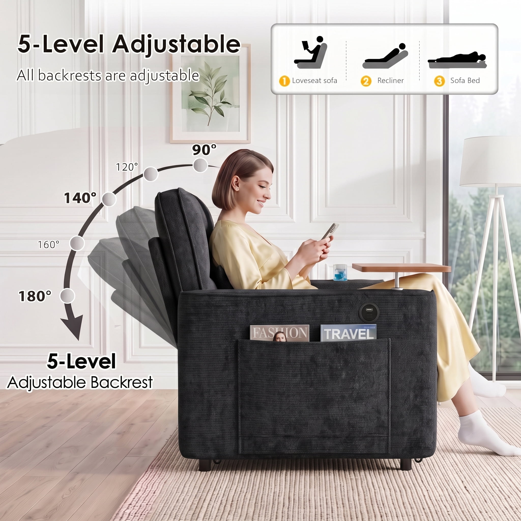 Xiweot 54" Convertible Sleeper Sofa Bed, Full Size Pull Out Couch with Adjustable Backrest, USB Ports & Cup Holder, Chenille Loveseat Sleeper for Apartment Living Room, Black