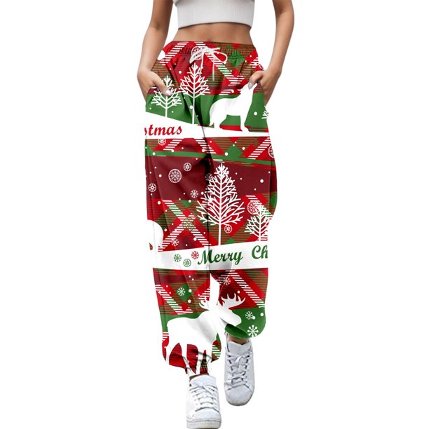 Gibobby pantalones negros mujer Leggings elásticos largos de Navidad para mujer, cinturón con estampado de árbol de Papá Noel y de nieve, pantalón diario informal (Rojo, S)