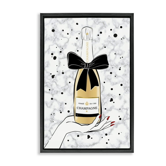 Stupell Industries Holding Champagne Bottle Food & Beverage Painting Black Floater Framed Art Print Wall Art, 17 x 25