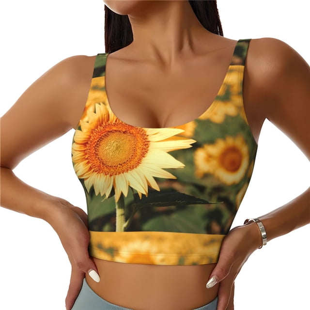 Fotbe Golden Sunflower In Field Pattern Womens' Sports Bra Longline Wirefree Padded with Medium Support Sports Moisture-Wicking Workou Vest,Tank Top-Large