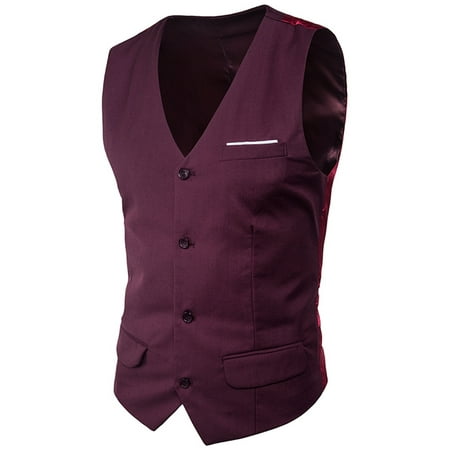 

Avamo Mens Single Breasted Fromal Suit Vest Solid Color Sleeveless V Neck Slim Fit Waistcoat Pockets Suit Vests Dark Red L
