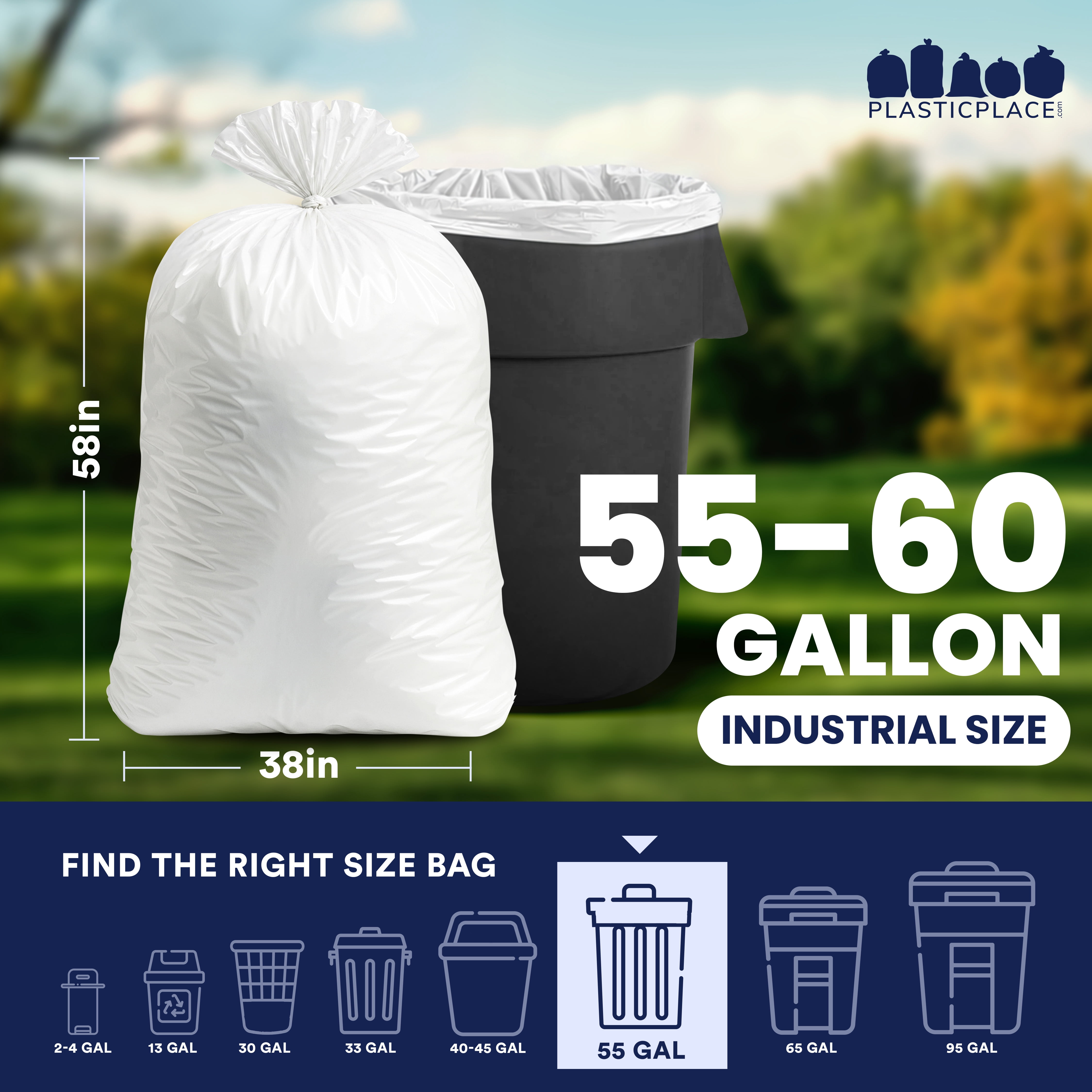 Plasticplace 55-60 Gallon Trash Bags │ 0.7 Mil │Garbage Can Liners │ 38” x 58” (100 Count)