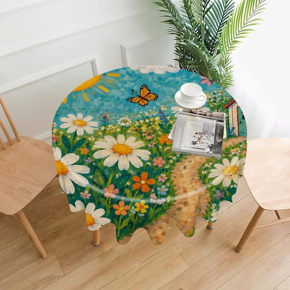 RKSupls 60 Inch Round Tablecloth, Colorful Coastal Village Premium Polyester Straight Edge Wrinkle Resistant Washable Table Cover for Party Home Dining Decor