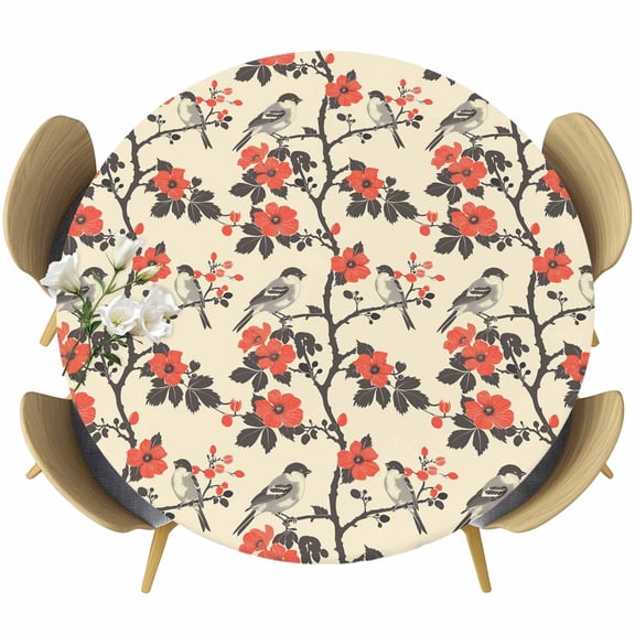 Red Spring Floral Fitted Tablecloth with Elastic Edged, Round Table Cloth for Dining Table, Vintage Birds Summer Botanical Waterproof Oil Proof Table Cover for Indoor Outdoor 45"-54"