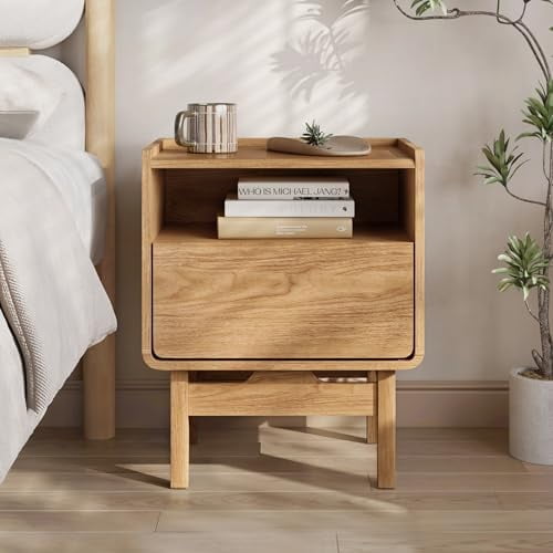 LuxenHome Mid Century Modern Nightstand with Storage, 22" Oak Night Stand with Curved Edge, Wooden Nightstand with Drawers, Boho Bed Side Tables Bedroom, Storage Side Table, End Tables Living Room
