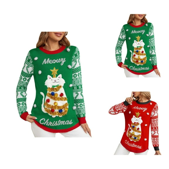 Cute Merry Christmas Sweaters for Women 2025 Long Sleeve Crewneck Jacquard Embroidered Pullover Sweater Jumper Tops