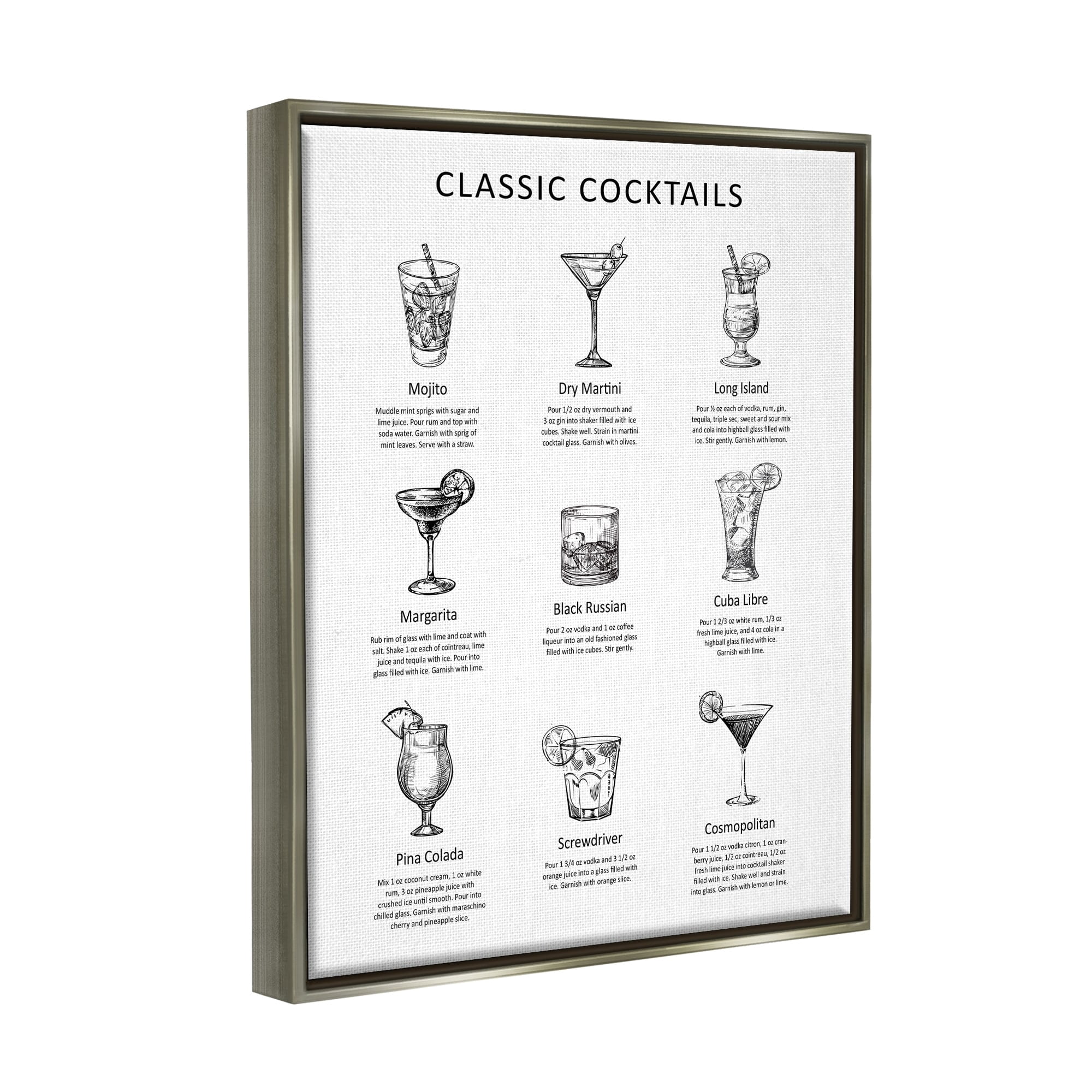 Stupell Industries Classic Cocktails Mixed Drinks Kitchen Bar Sign Chart Graphic Art Luster Gray Floating Framed Canvas Print Wall Art, Design by Lettered and Lined