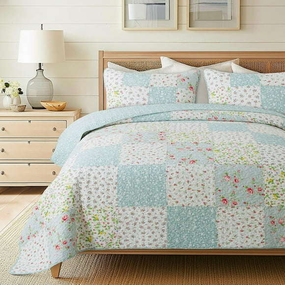Soul & Lane Juego de edredón de algodón con flores susurrantes, tamaño doble con 1 funda de almohada, diseño de patchwork de piezas blancas y azules, edredón acolchado floral campestre, ropa de cama l