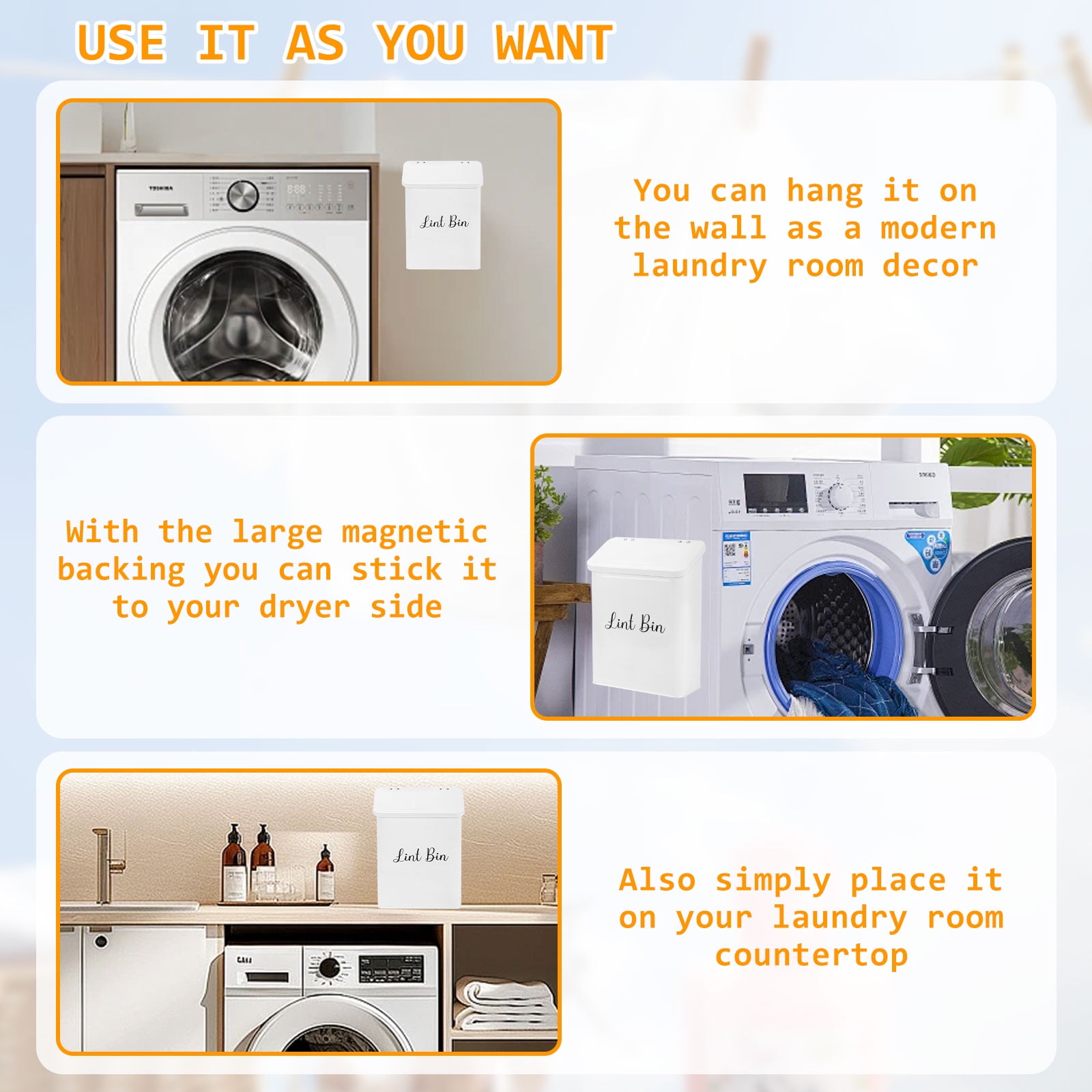 Bigking Lint Bin for Laundry Room Organization and Storage, Includes Magnetic Hook & Lint Brush, Wall-Mounted Laundry Dryer Bin for Laundry Room Decor, Space-Saving Trash Can