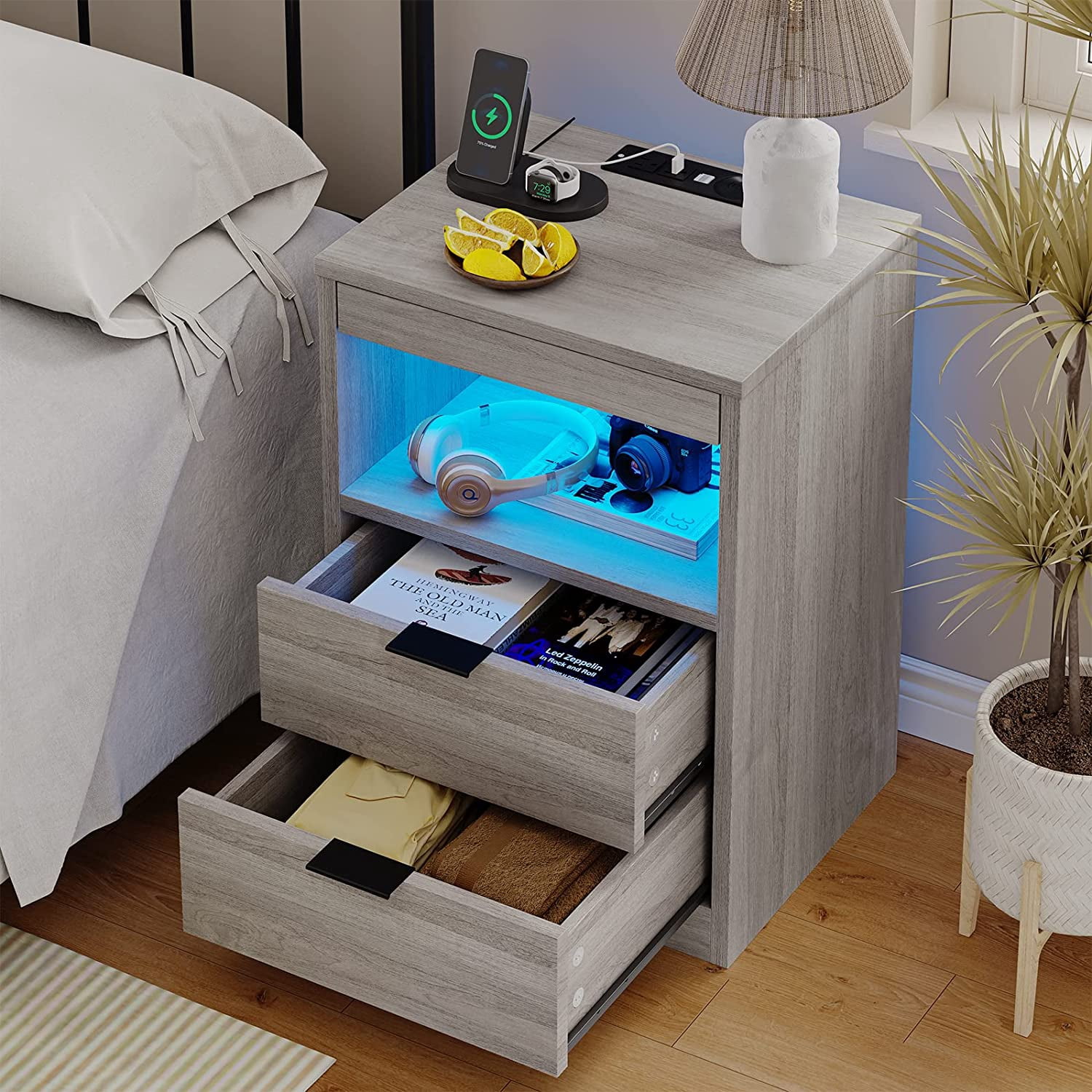 Afuhokles Nightstand with Wireless Charging Station and LED Lights, Gray Night Stand with 2 Drawers and Open Storage for Bedroom, Bedside Table with Pull-Out Shelf