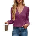 thumbnail image 2 of Women'S Multi-Layered V-Neck Solid Color Long Sleeved T-Shirt Casual Blouses Top Purple L, 2 of 9