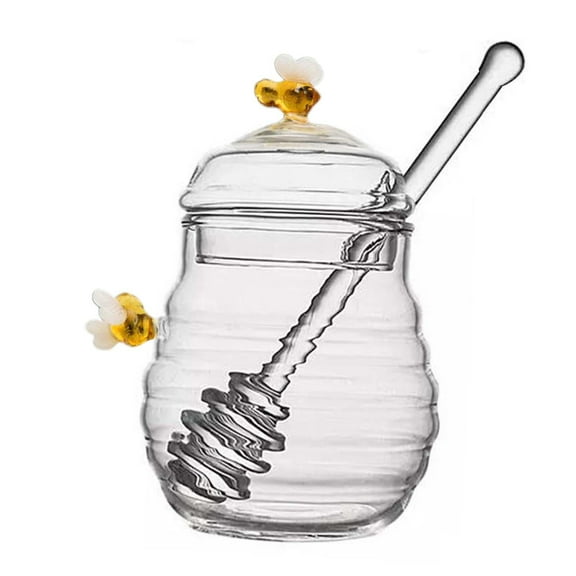 Fiocias Clear Honey Jar, Glass Beehive Honey Pot with Dipper and Lid, Glass Honey Bottle