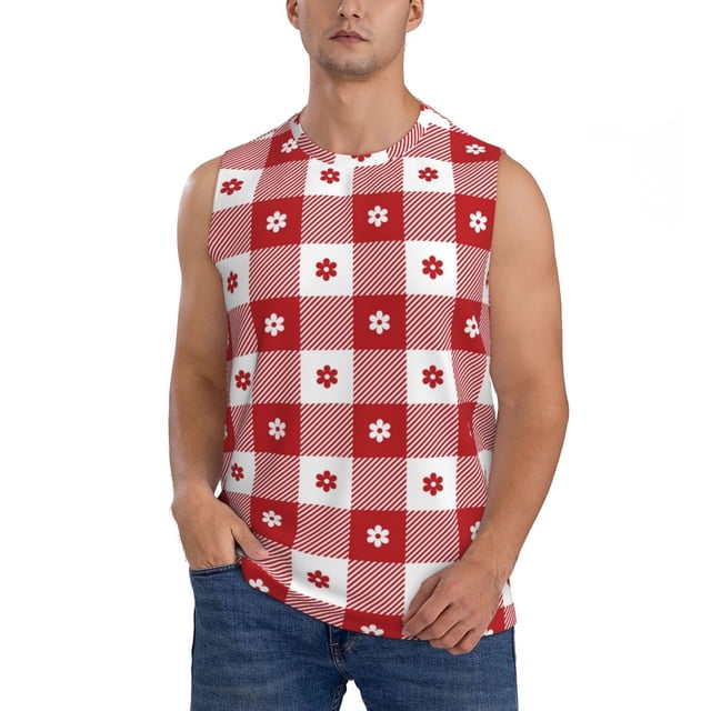 Balery Red Plaid Daisy Camisetas sin mangas para hombre, absorbe la humedad y protege contra el mal olor.-Large