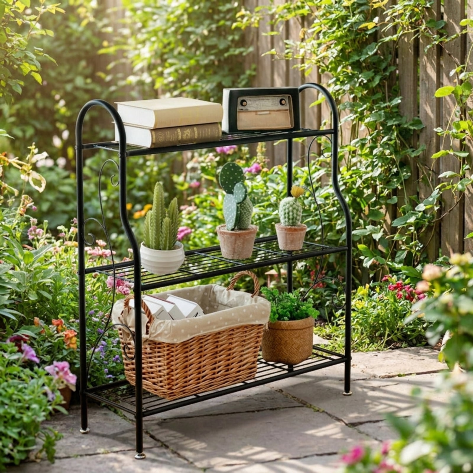Biotree 3-Tier Scrollwork Designed Metal Plant Stand for Indoor Outdoor Patio Balcony Garden, Black