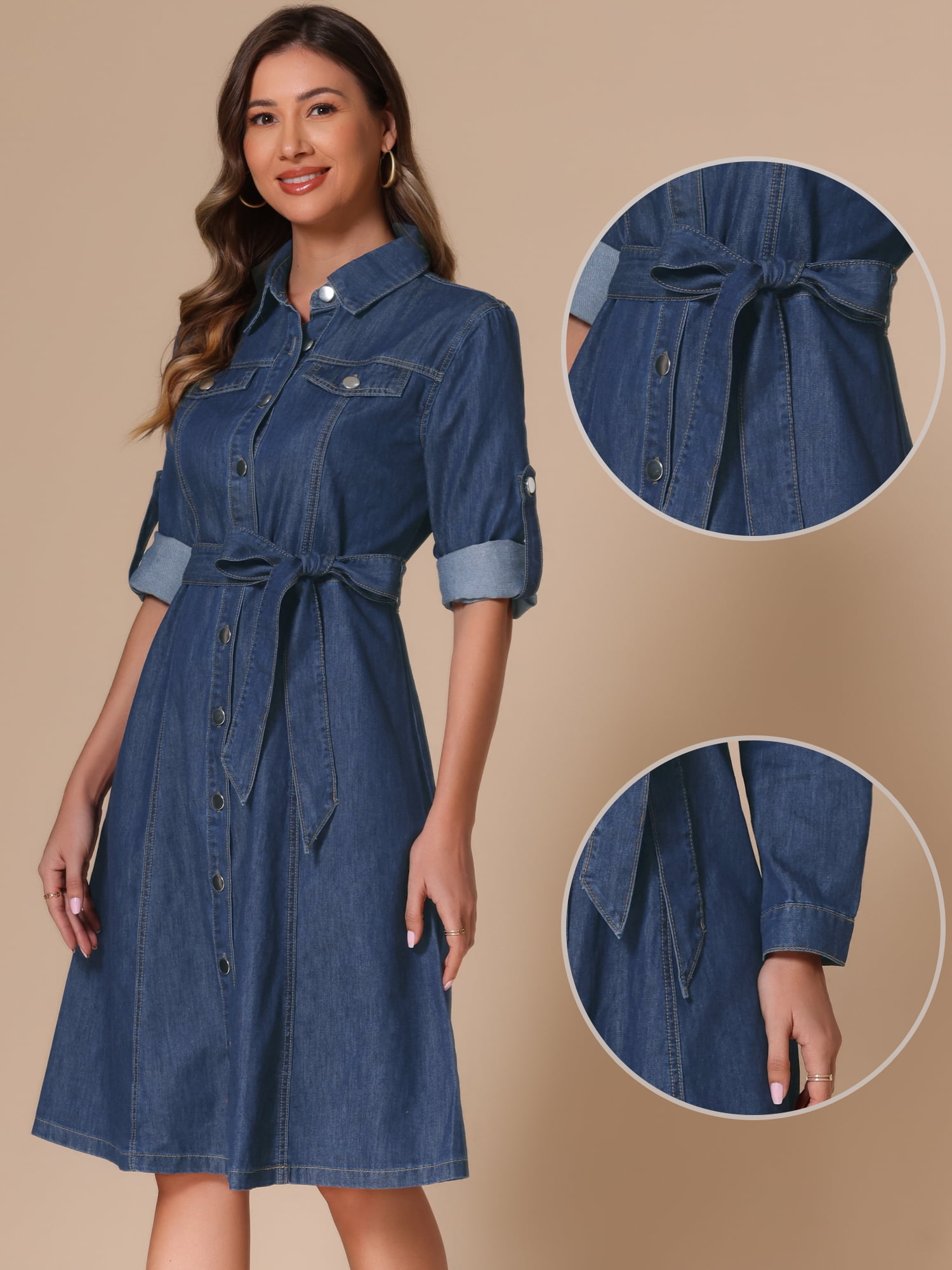 DARING DIVA Women's Denim Shirt Dress Long Sleeve Collared Belted Dress XS Dark Blue