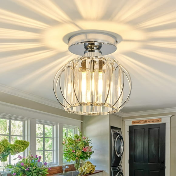 YYJLX Modern Semi Flush Mount Ceiling Light Fixture E26 Mini Crystal Chandelier Chrome Small Ceiling Lamp for Entryway Bedroom Bathroom Hallway Closet Foyer (Silver
