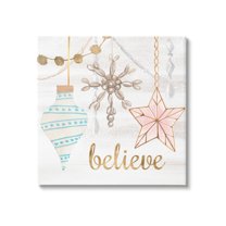 Glimmering Believe Text Holiday Ornaments Star Snowflake Inspirational Graphic Art Gallery-Wrapped Canvas Print Wall Art