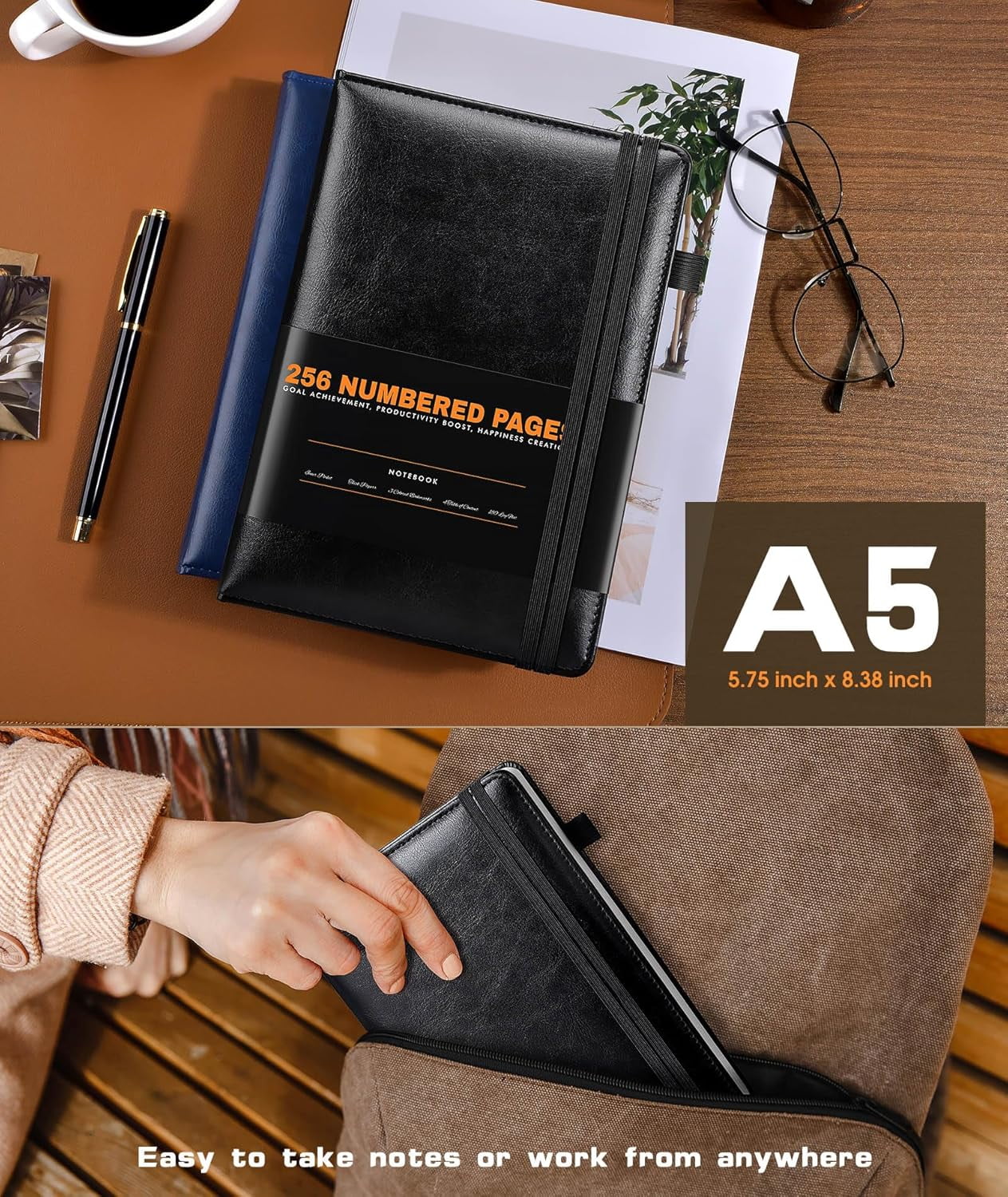 Lined Journal Notebook for Women Men, 256 Numbered Pages Hardcover Leather Journals for Writing, A5 Journaling Notebooks, College Ruled Journal for Business Work School Note Taking 5.75" x 8.38"