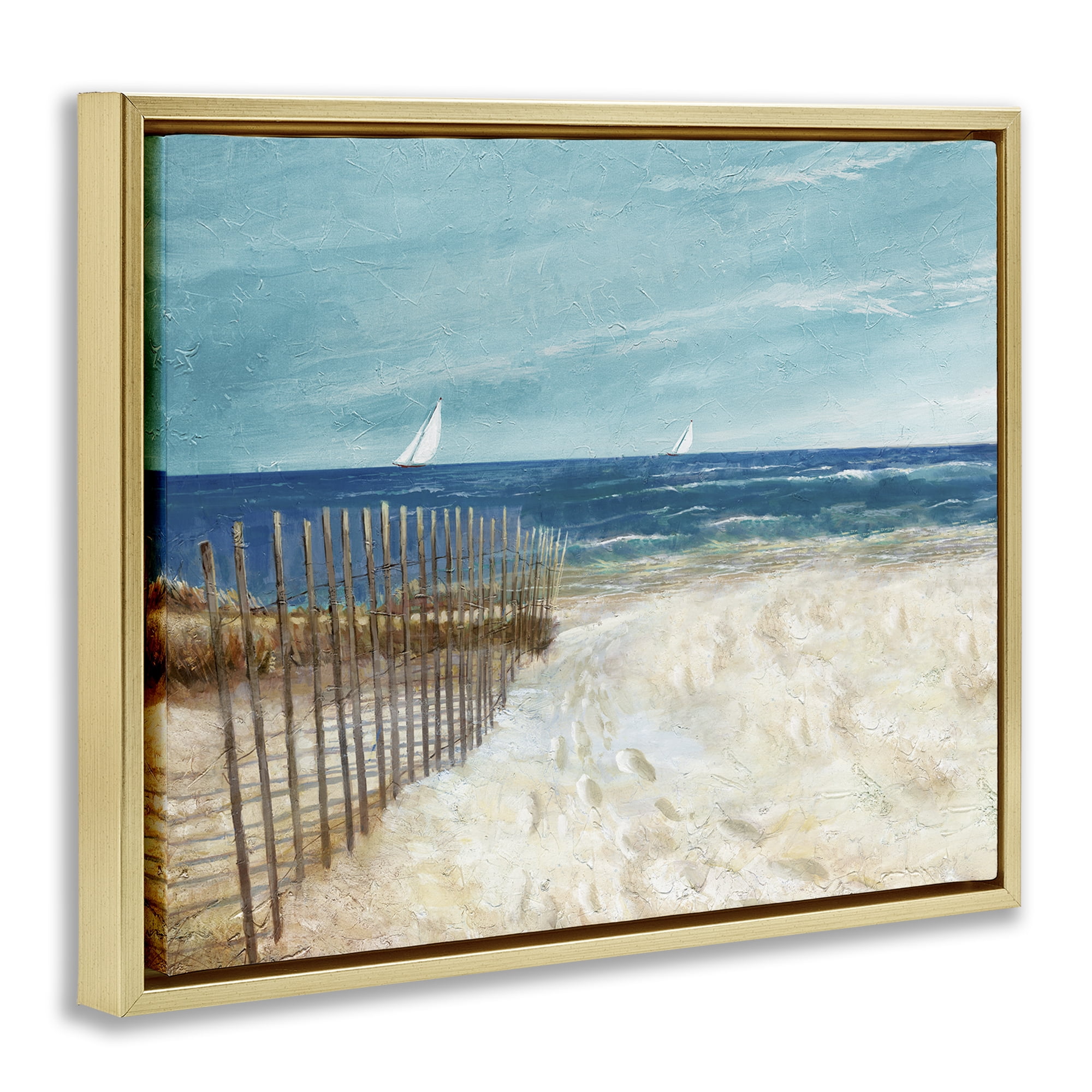 Stupell Industries Footprints by Sandy Fence Nautical & Beach Painting Gold Floater Framed Canvas Art Print Wall Art, 31 x 25
