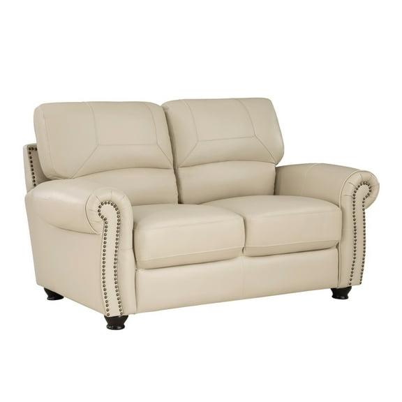 63 Inch Loveseat, Cream Top Grain and Faux Leather, Brown Solid Wood