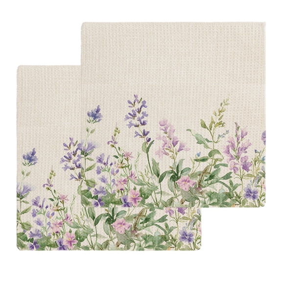 Flowers Lavender Kitchen Dish Towels for Drying Dishes Set of 2, Retro Cottagecore Blooms Green Leaf Waffle Weave Microfiber Hand Tea Bathroom Towels Quick Dry & Absorbent Towel 12x12