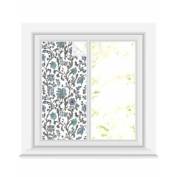 Window Privacy Film Boho Leaf Stained Glass Window Film Decorative Sun Block Window Cover Teal Green Spring Farmhouse Pastoral Tribal Window Clings Static Adhesive Sticker for Bathroom 19.6"x39.3"