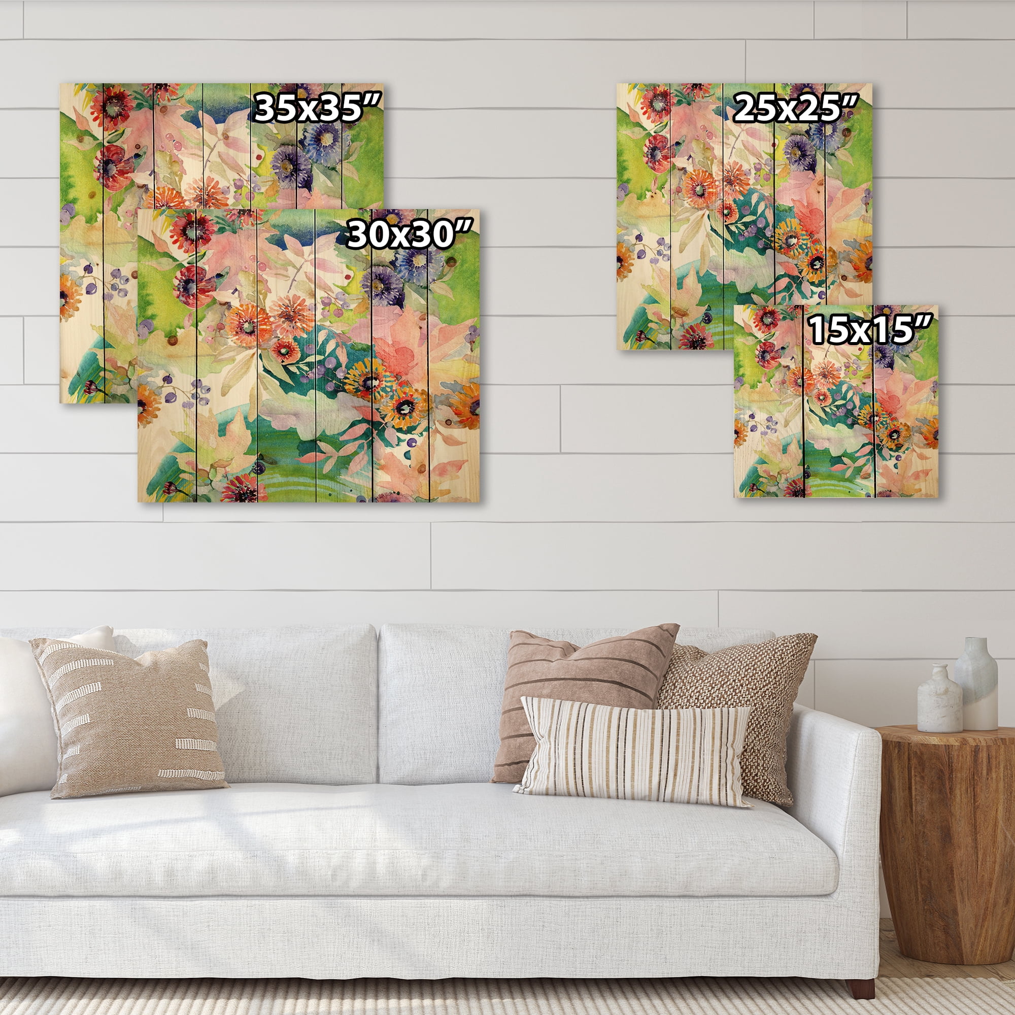 Designart 'Wildflowers and Vibrant Wild Spring Leaves II' Traditional Print on Natural Pine Wood
