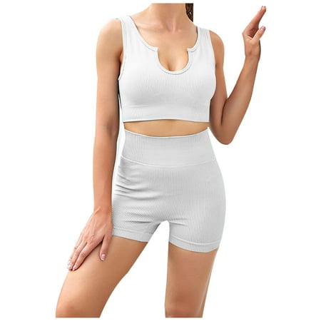 Clearance Under 10$!Fsshion Two Piece of Sets for Womens Summer Plus Size Casual Solid Color Sleeveless Blouse Shorts Sports Set Yoga Suit U-neck Bra Sexy Seamless Knitting Fitness Clothing
