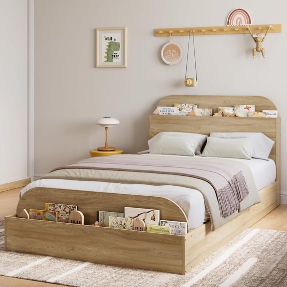 Twin XL Size Bed Frame, Wooden Bed with Storage Headboard and Footboard, Floor-Low Platform Bed with Wooden Slats Design, No Box Spring Needed, Natural Oak