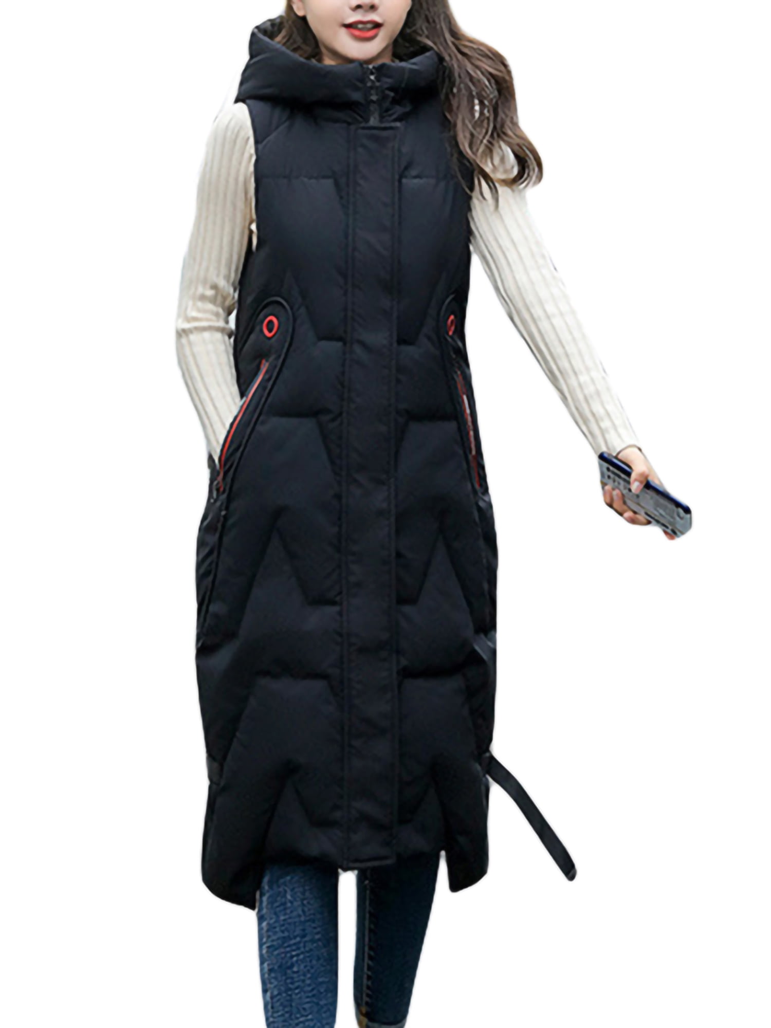 WakeUple Women's Long Puffer Vest Hooded Coats Thick Sleeveless Full