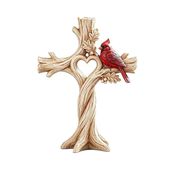 Red Cardinal Wooden Wall Cross with Heart Cutout, Rustic Branch Design Christian Wall Decor for Living Room, Entryway and Gifts, 9.84 Inch