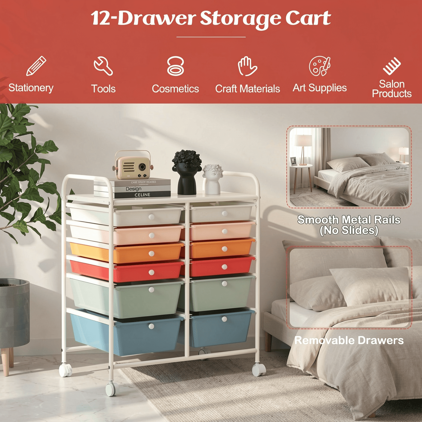 Furnibear 12 Drawer Rolling Storage Cart Studio Organizer Metal Utility Cart on Wheels with Removable Drawers and Lockable Wheels for Home Office Craft Room and Classroom, Deep Multicolor