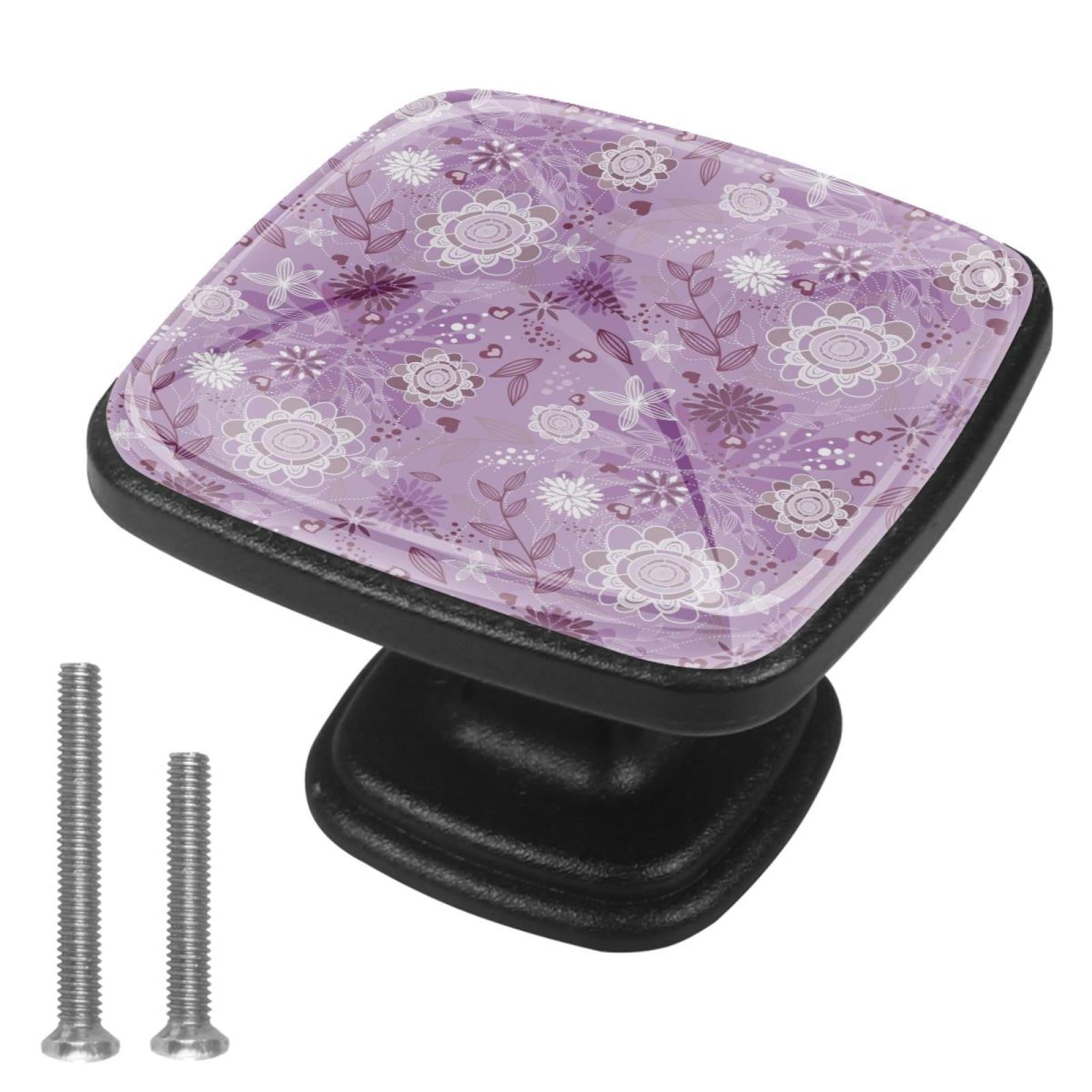 4 Pcs Handle Drawer Pulls Purple Flower Floral Leaves Knobs with Screws Square Furniture