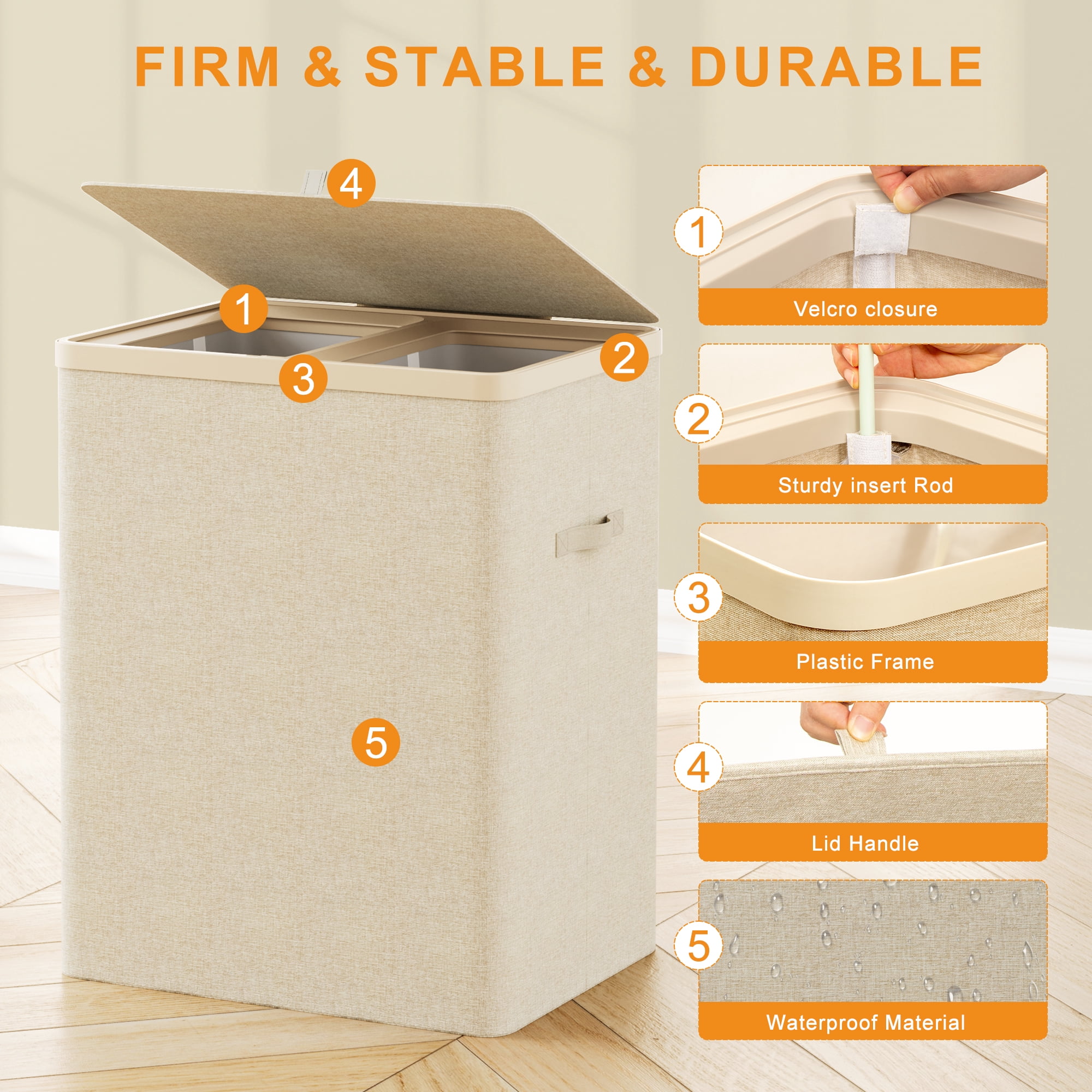BGTREND 150L Double Laundry Hamper with Lid, 2 Removable Washing Bags with Handles, Large Clothes Sorter for Easy Separation (Beige)