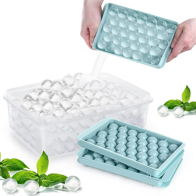 Bandeja redonda para cubitos de hielo con tapa y recipiente JM 66 piezas Esfera Enfriamiento de hielo Cóctel Whisky Té Café 2 bandejas 1 cubo de hielo