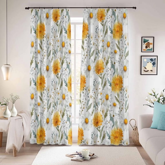 Spring Daisy Blackout Curtains for Bedroom/Living Room, Pinch Pleated Black Out Curtains, Country Watercolor Yellow White Floral Leaf Room Darkening Window Drapes with Hooks 2 Panels, 39"x70"