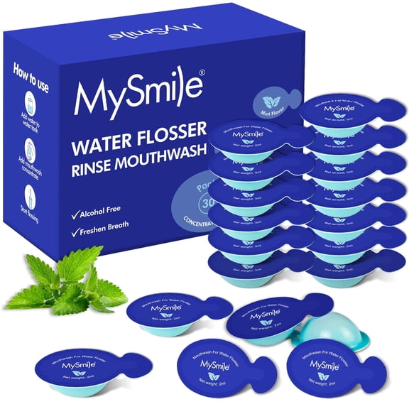 MySmile 30PC Concentrated Travel Mouthwash for Water Flosser Rinse Oral Irrigator Solution Remove Bad Breath, Fresh Mint, Alcohol Free