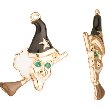 Enameled Witchs - Enamel Drop, Black And Brown Witch On Broom Gold-Finished 23x4.5mm