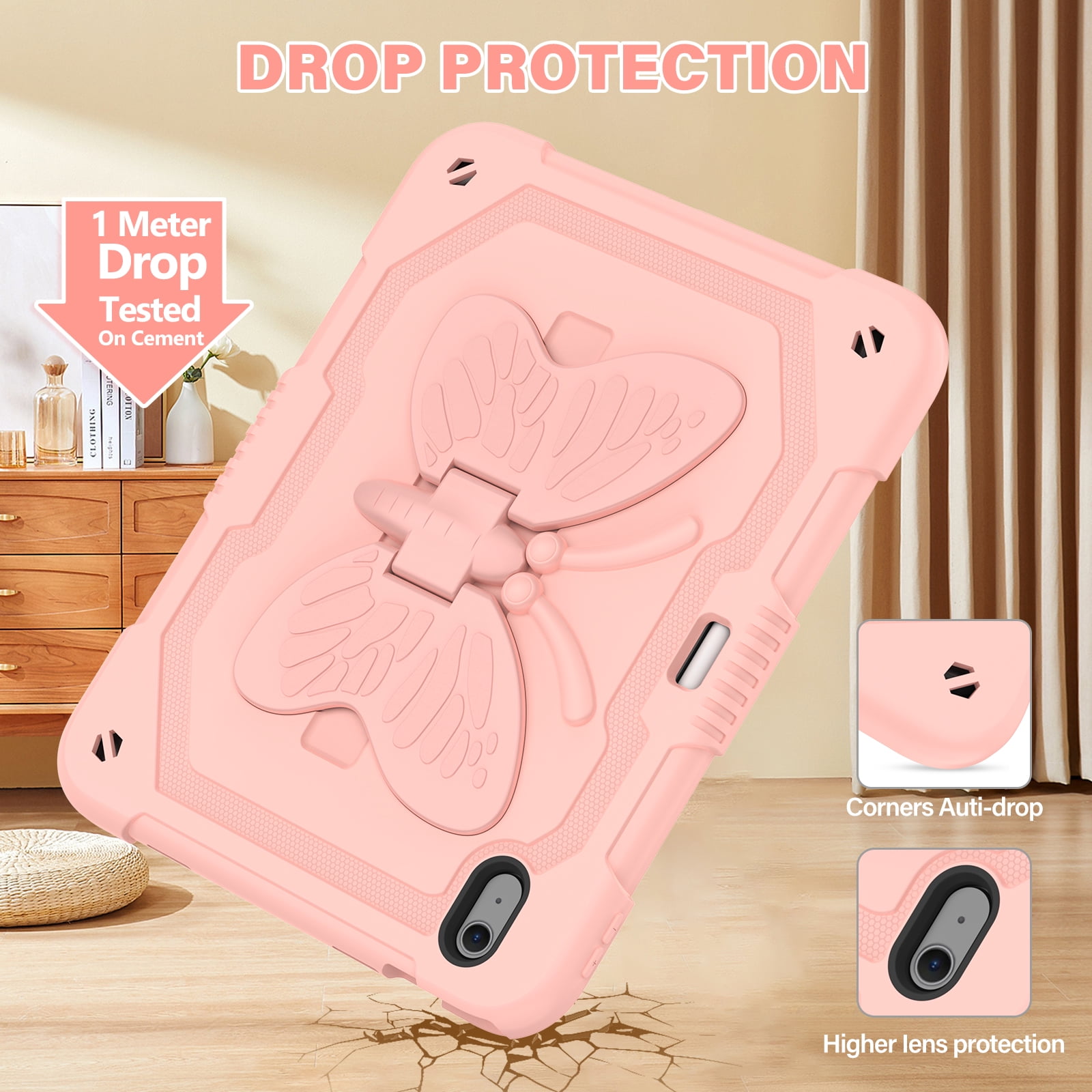 Dteck Kids Case for iPad Air 11 inch M2 2024,iPad Air 11 inch 2025 M3 Butterfly Kickstand Silicone Case Shockproof Armor Built-in Pencil Holder Kids Friendly Cover with Shoulder Strap,Pink