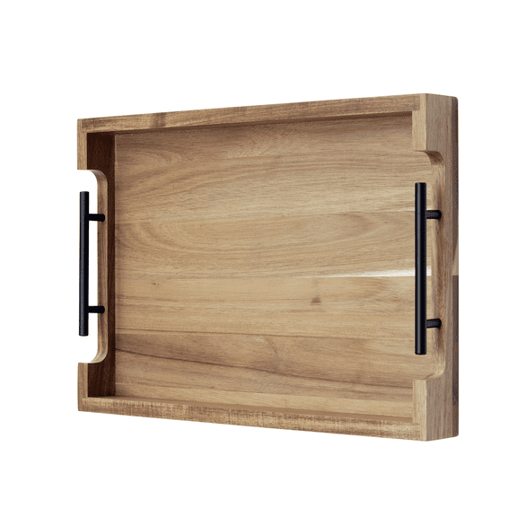 Acacia Wood Serving Tray with Metal Handles, Large Tray for Ottoman, Breakfast in Bed, Dinner, Coffee Table Decor & Kitchen, 17"x12"