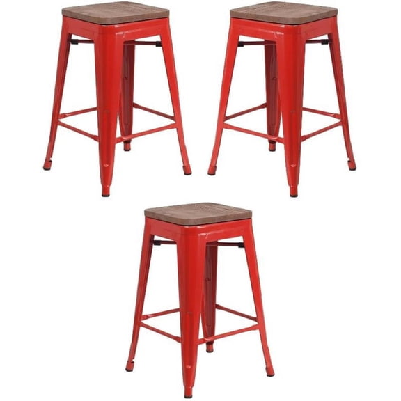 Home Square 24" Backless Metal Counter Stool in Red and Wood Grain - Set of 3