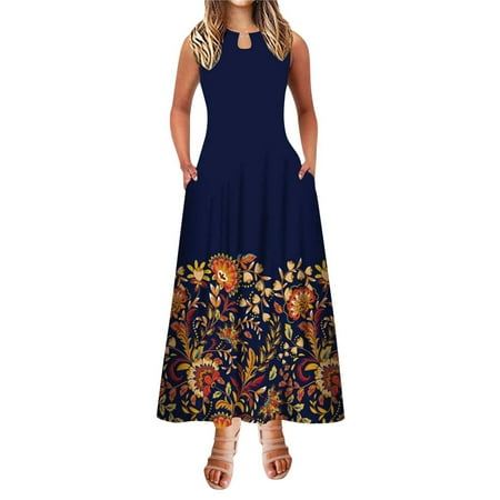 

Women A Line Dress Summer Maxi Long Dress Sleeveless Print With Pocket Round Winter Maternity T Shirt Dress