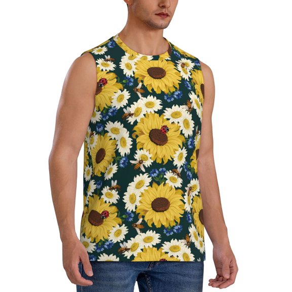 Fotbe Men's Sunflowers Print Men's Sleeveless Muscle Tank Tops Casual T-Shirts for Gym Workout Beach-Medium