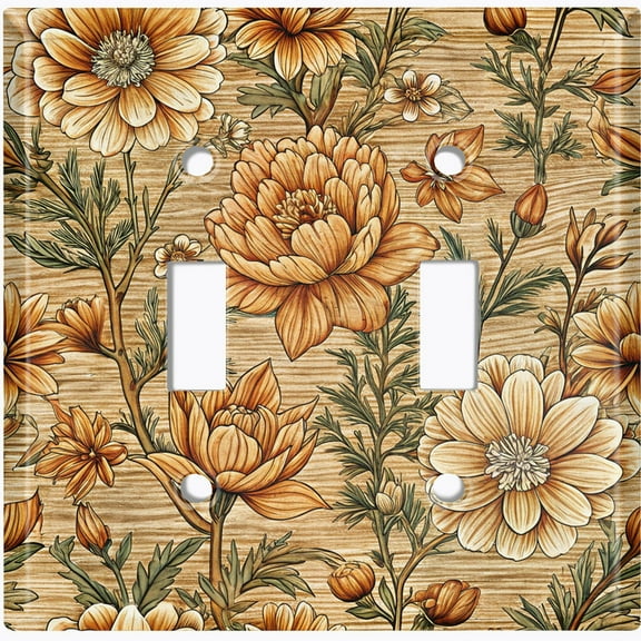 Metal Light Switch Wall Plate Outlet Cover (Printed Image of Vintage Floral Wood Grain - Double Toggle)