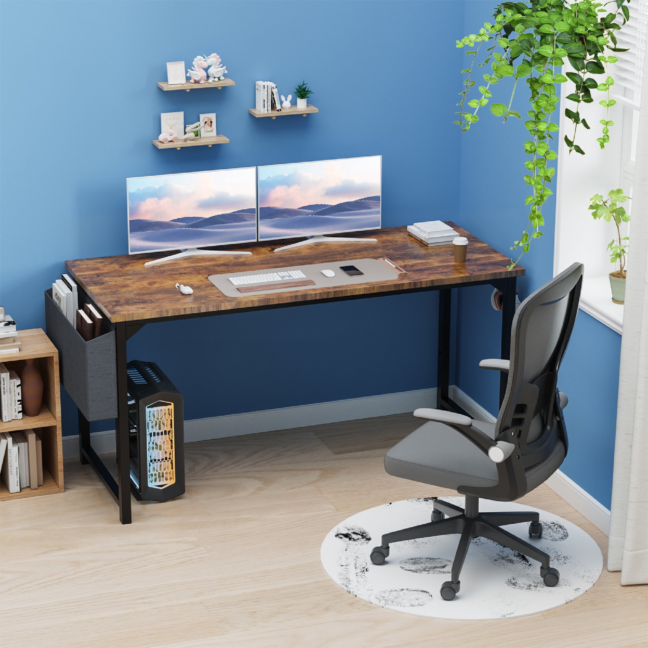 CONCETTA Computer Desk 63 Inch, Simple Farmhouse Table With Storage Bag & Headphone Hooks, Rust