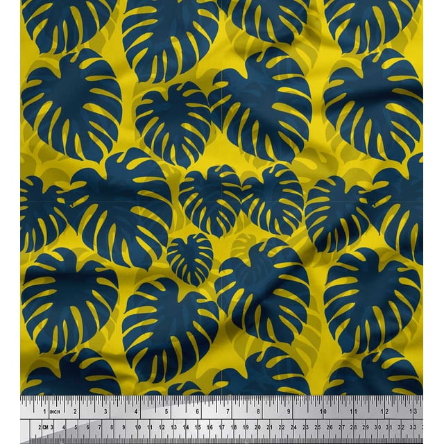 Soimoi Yellow Cotton Cambric Fabric Monstera Leaves Print Fabric by the Yard 56 Inch Wide
